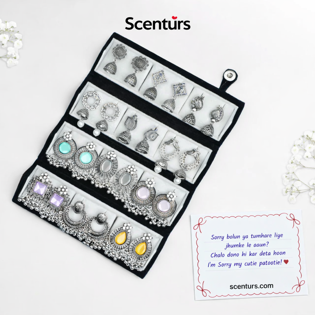 Oxidized Silver Earrings Combo Set with Stone Work for Women | Ethnic & Daily Wear Jhumka Collection (12 Pairs) | Lightweight Fashion Jewelry