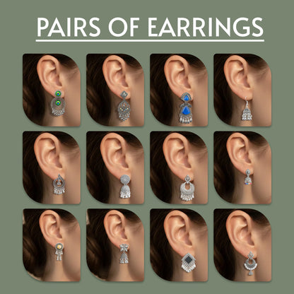 Oxidized Silver Traditional Earrings Combo Set for Women | Boho & Ethnic Jhumka Collection (12 Pairs) | Festive & Gift Wear Jewelry