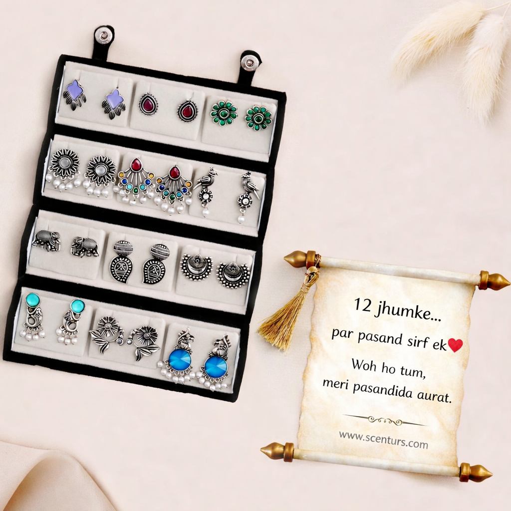 12 Pair Premium Oxidised Jhumka Combo Set for Women | Ethnic Silver Earrings Collection | Perfect Gift for Her