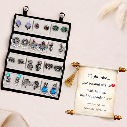 12 Pair Premium Oxidised Jhumka Combo Set for Women | Ethnic Silver Earrings Collection | Perfect Gift for Her