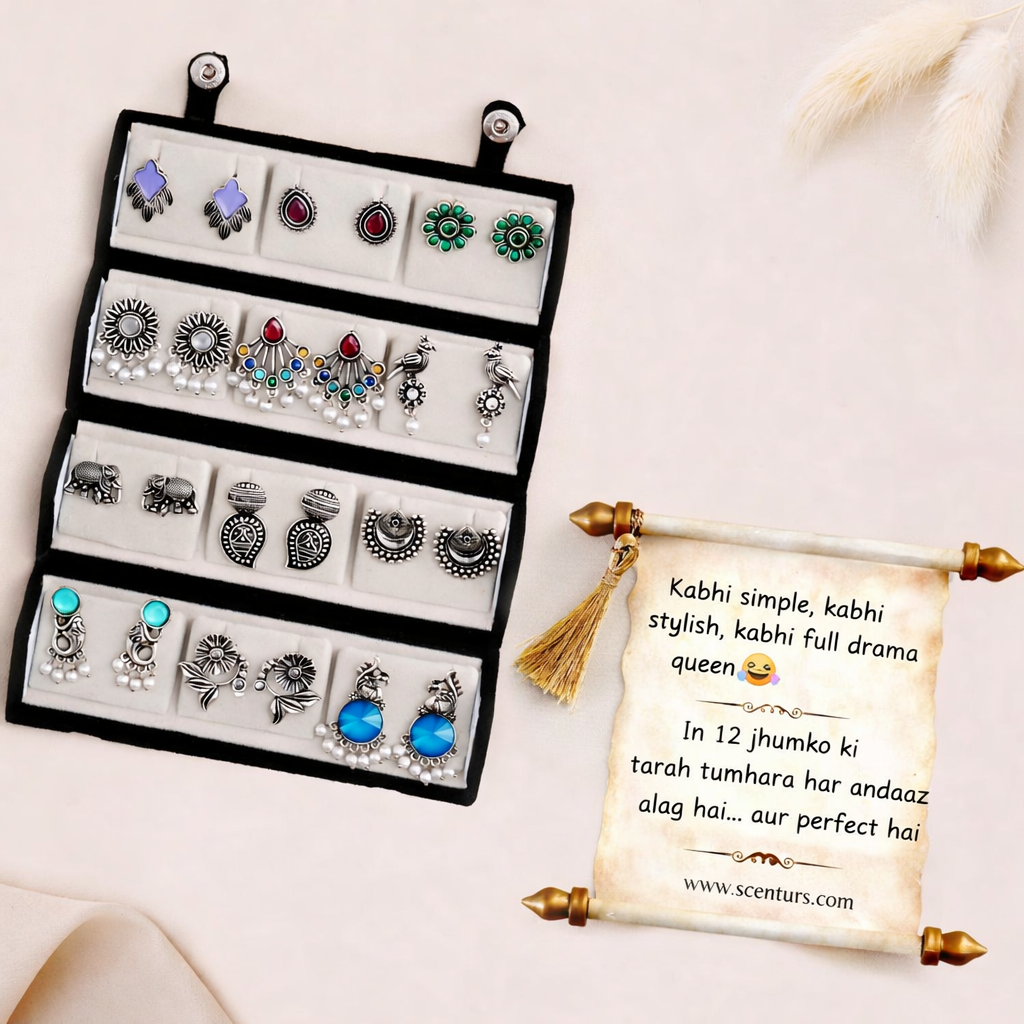 12 Pair Premium Oxidised Jhumka Combo Set for Women | Ethnic Silver Earrings Collection | Perfect Gift for Her