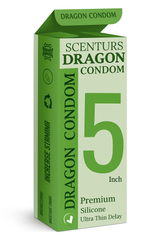 Green box of Scenturs Dragon Condoms with text on a white background