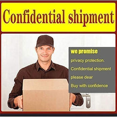 Man holding a cardboard box with 'Confidential shipment' text and promises of privacy protection.