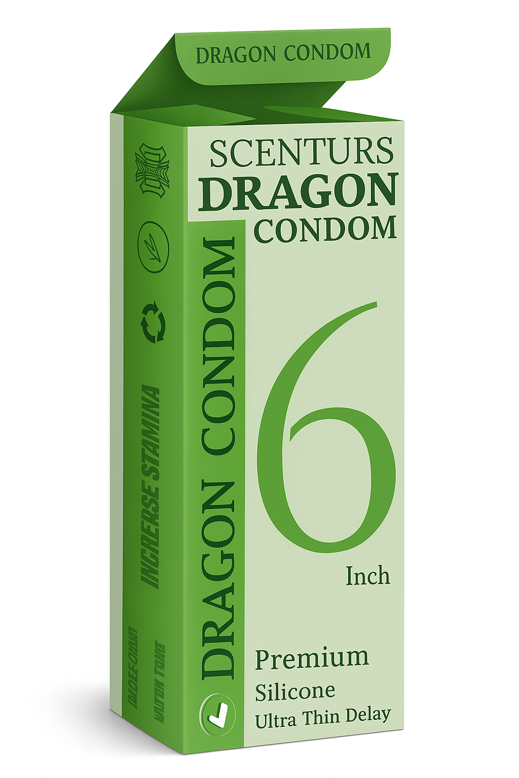 Green box of Scenturs Dragon Condoms on a white background