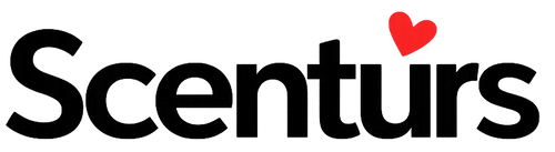 Scenturs logo with a red heart symbol on a white background